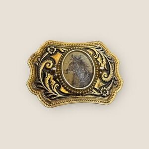 Western Americana Belt Buckle Gold Tone Ornate Scrollwork Horse Theme
